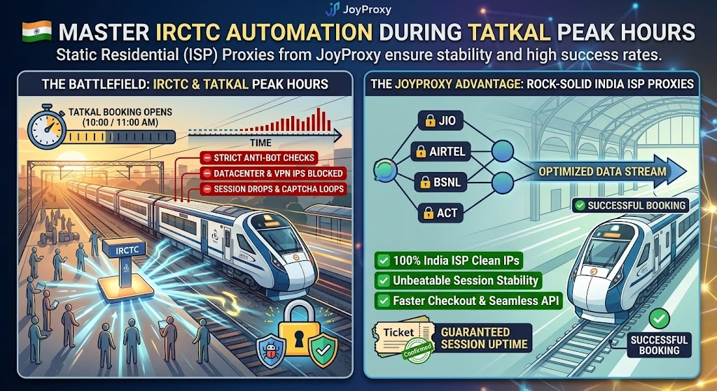 JoyProxy infographic: IRCTC Tatkal peak-hour problems versus a stable Indian residential proxy session