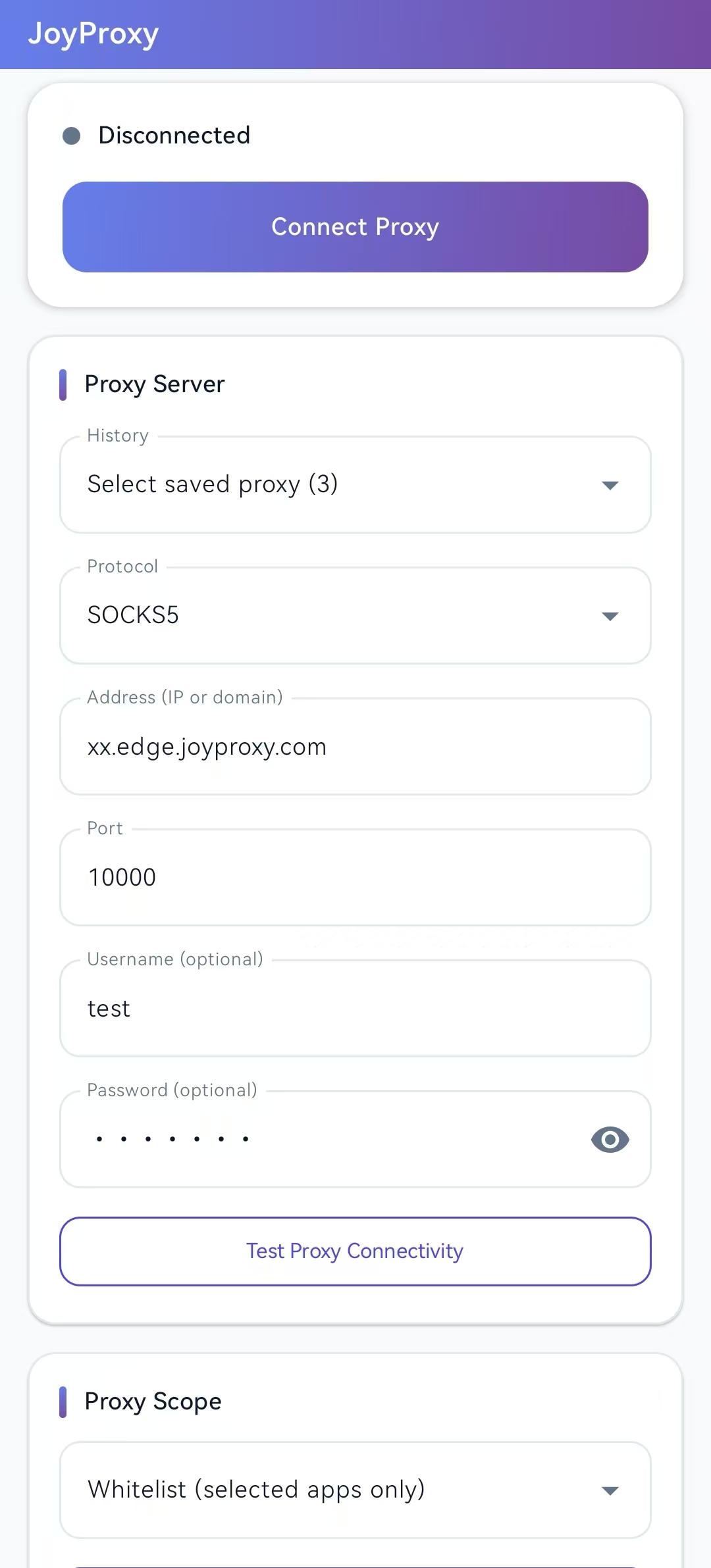 JoyProxy Android Client interface